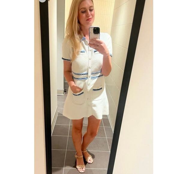 MAJE White Blue Tweed Gold Button Details Collared Risal Mini Dress Size 34 - Picture 15 of 15